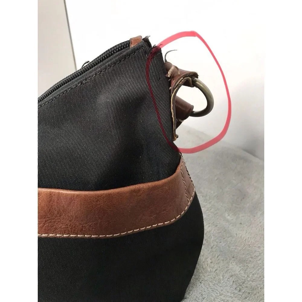 Fossil‎ Tan Black Nylon Leather Trim Shoulder Bag Handbag Hobo Purse READ